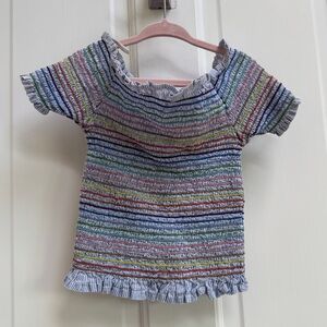 NWOT Japna XS 3T Girls Blue Rainbow Stripe Off Shoulder Short Sleeve Blouse